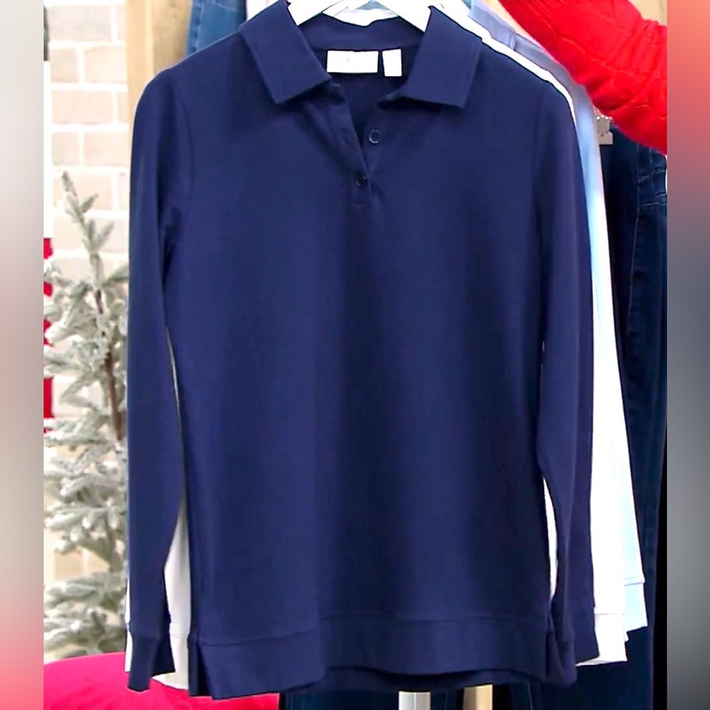 D&co. Denim & Co. Active French Terry Collared Henley Pullover Navy Blue A568443